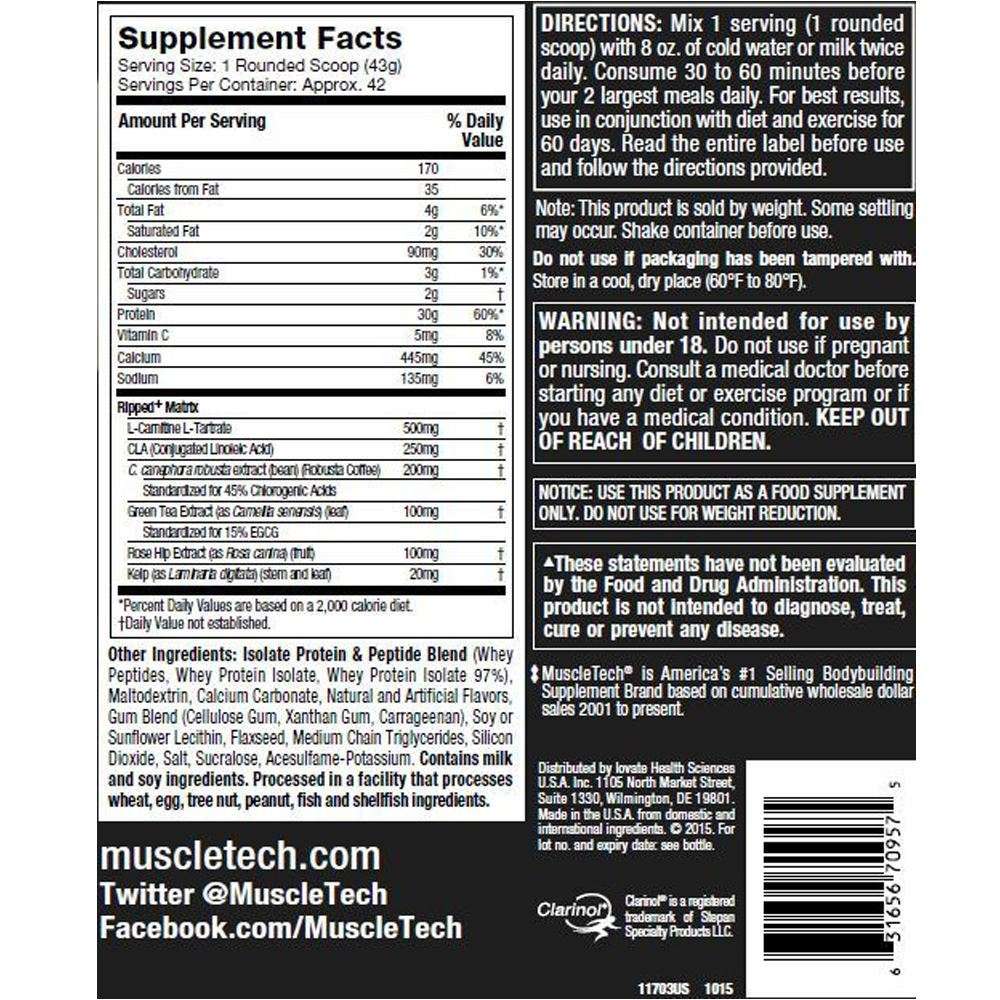 Nutrition Facts Of MUSCLETECH® Performance Series NITRO-TECH RIPPED Ultimate Protein + Weight Loss Formula 4 LBS 2021 - www.arnutrition.pk is The Best Supplement Store In Pakistan Lahore