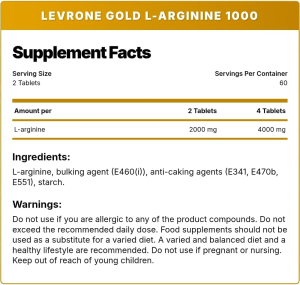 Nutrition Facts of Gold L-Arginine 1000 By Kevin Levrone Signature Series in 120 Tablets In Lahore Pakistan, www.arnutrition.pk iS The Best Supplement Store In Pakistan Karachi