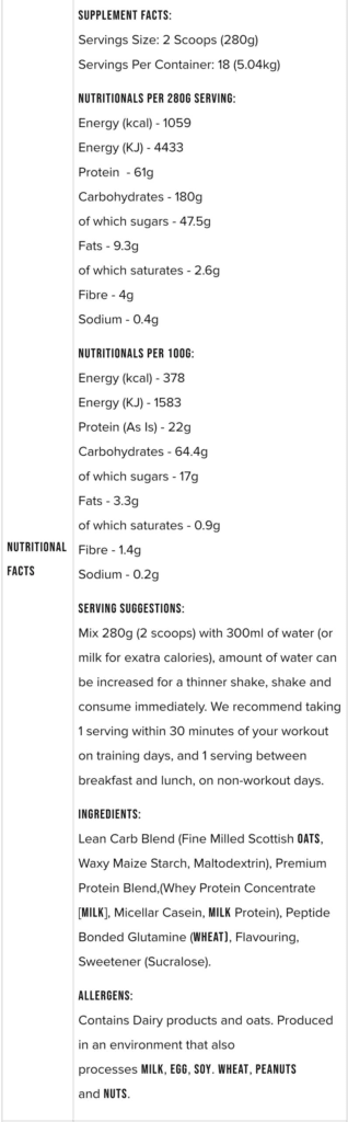 Nutrition Facts TEAM WARRIOR Warrior Lean Mass Gainer All Over In Lahore Pakistan 2024, www.arnutrition.pk iS The Best Food Supplements Store In Lahore Pakistan 2024
