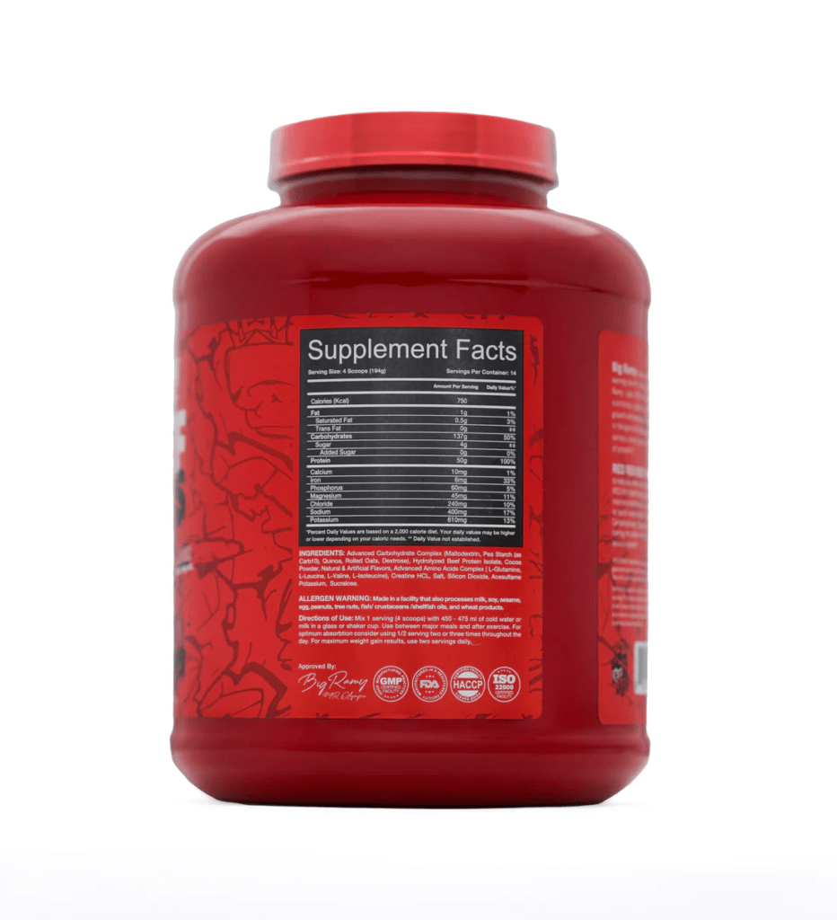 Nutrition Facts Big Ramy Labs Red Rex Beef Mass Plus Gainer All Over Lahore Pakistan 2024, www.arnutrition.pk iS The Best Food Supplements Store In Lahore Pakistan 2024