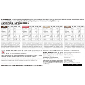 Nutrition Facts Hyper Strength Advanced Hyper Gain High Protein Muscle Gainer All Over Lahore Pakistan 2025, www.arnutrition.pk iS The Best Food Supplements Store In Lahore Pakistan 2025